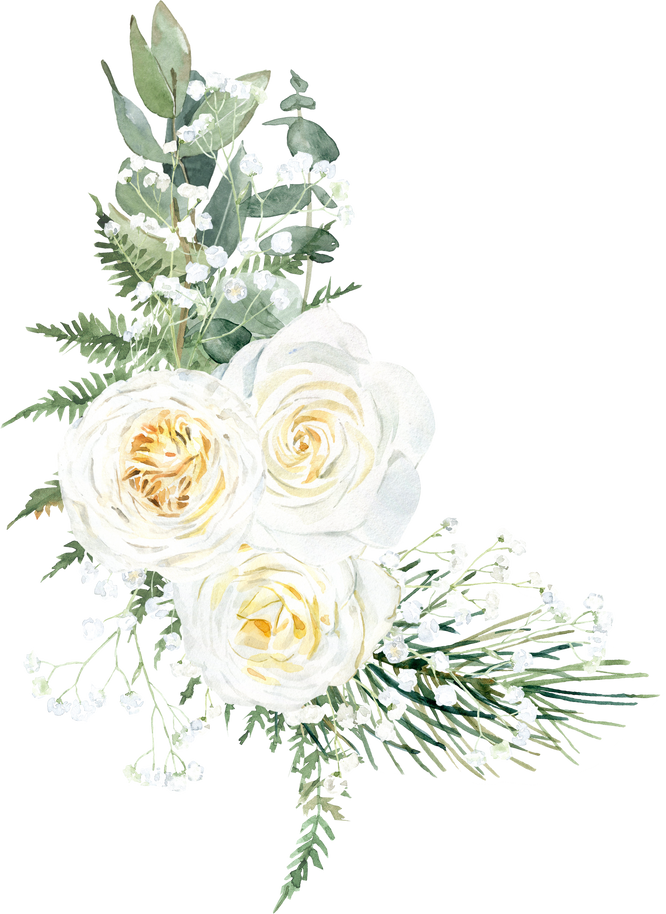 Watercolor flower bouquet with roses, ferns, pine branches